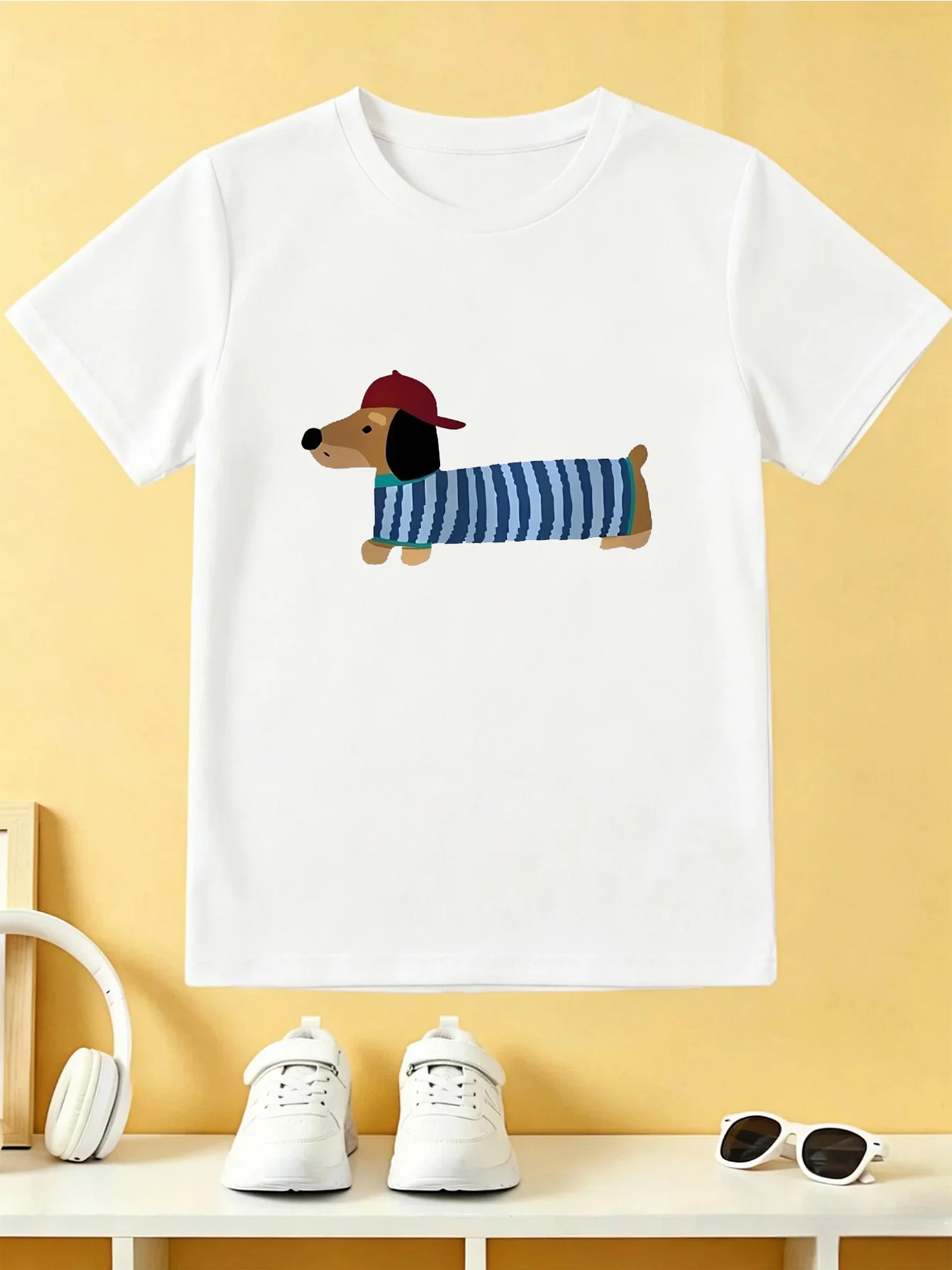 Cartoon Cap Dachshund Dog Tee Striped Puppy Animal Graphic Print Boys Girls Family Matching Cotton Short Sleeve Children Tshirt