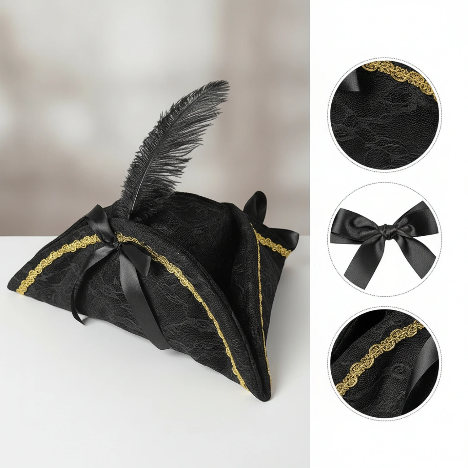 Pirate Hat with Feather and Lace Halloween Pirate Costume Hat Cosplay Dramatic for Cosplayers, Carnival