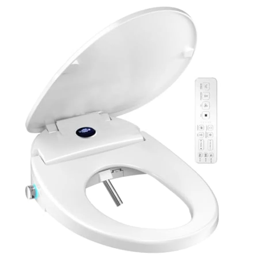 Bidet Toilet Seat with Remote Control Warm Water Wash Heated Seat Air Dryer Soft Close Lid Night Light Self Cleaning Nozzle LED