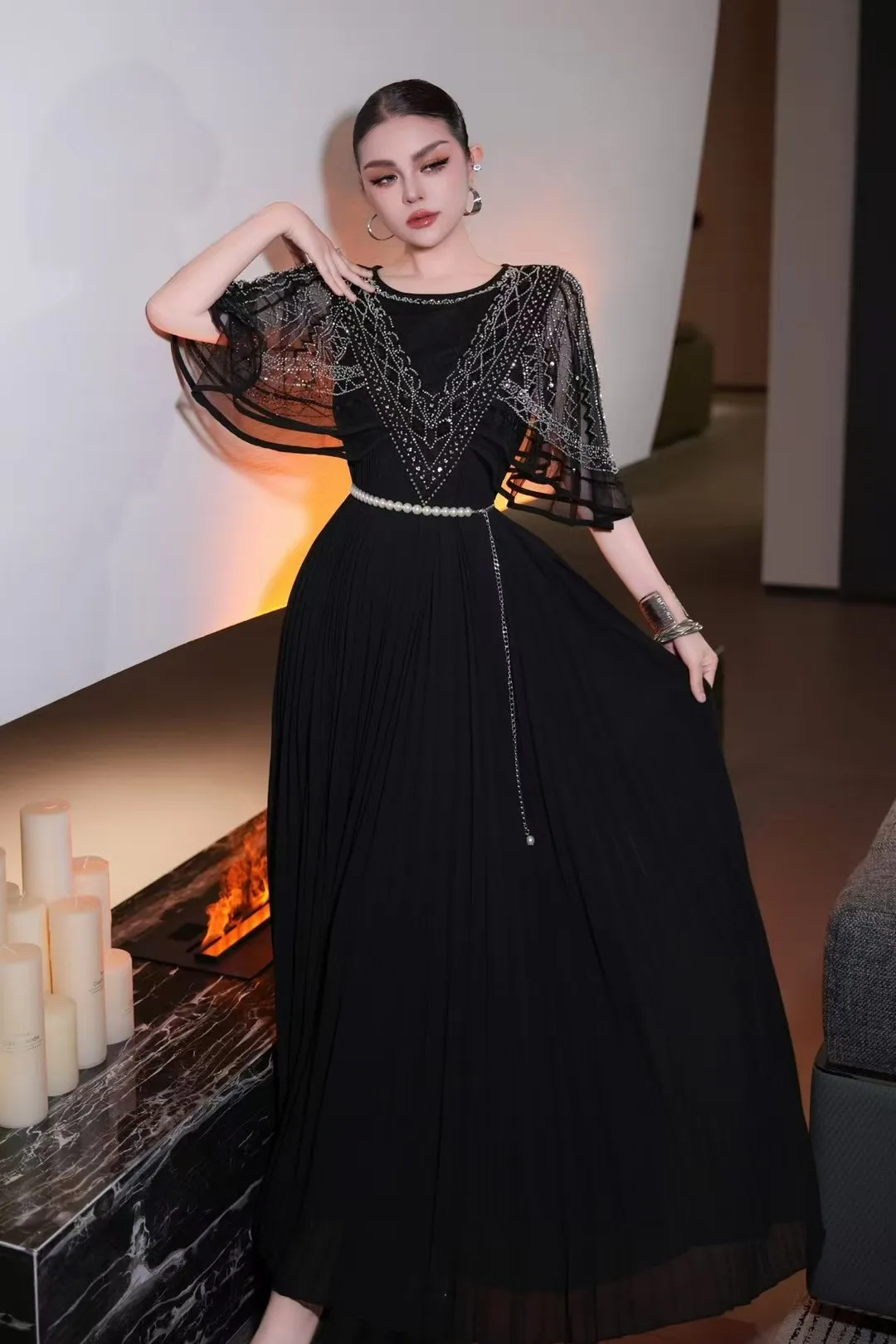 صيف جديد س الرقبة رائعة شبكة حبة التطريز + الخفافيش كم تصميم نوبل وأنيق مطوية كبيرة سوينغ المرأة فستان S-3XL #2