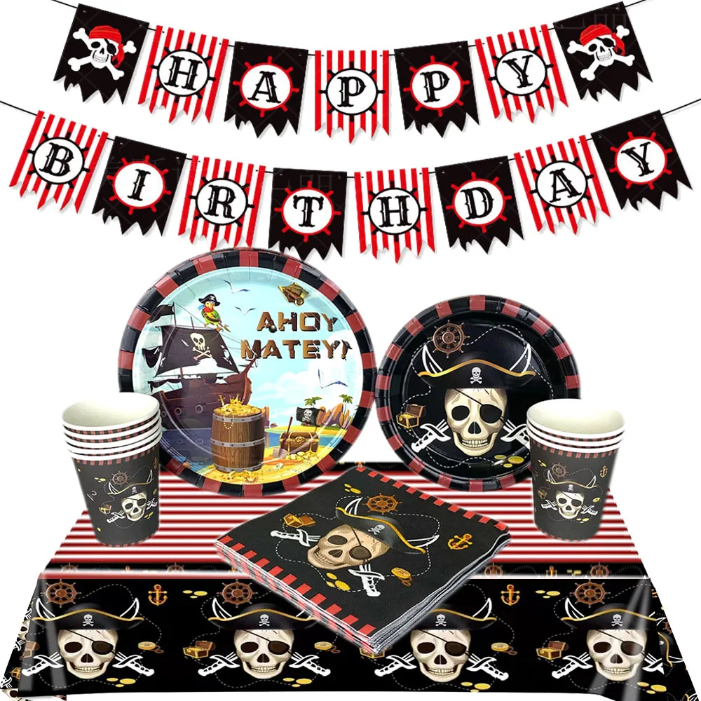 Pirate Party Decoration Disposable Tableware Paper Plate Cup Napkin Tablecloth Happy Birthday Garland Banner Halloween Decor