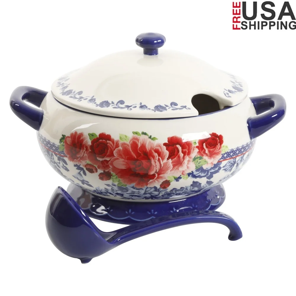 

3.17-Quart Cobalt Ceramic Soup Tureen with Ladle Vintage Floral Design Food Safe Durable Stoneware Centerpiece Perfect Serving