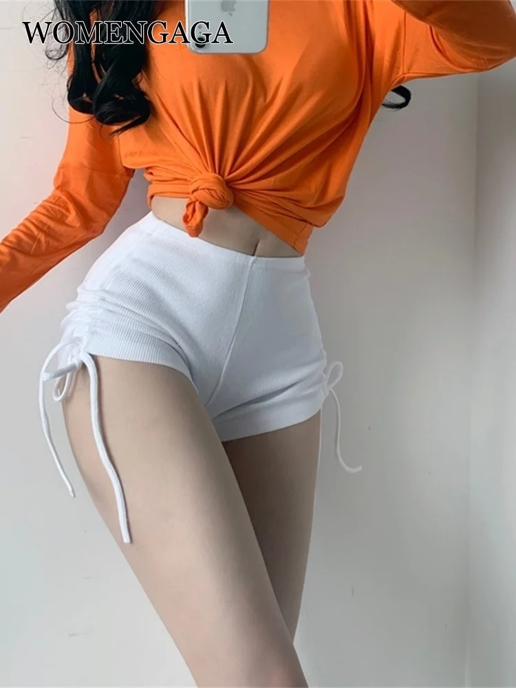 Hot Sexy WOMENGAGA 2021 Skinny Knitting Elasticity White High Waist Girl Female Movement Drawstring Folds Shorts Short S8IV