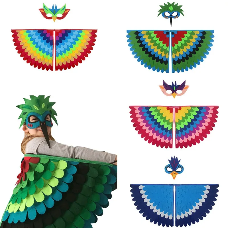

Children Owl Wings Costume Animals Peacock Felt Cloak with Mask for Kids Boys Girls Stage Performance Halloween Party Cape