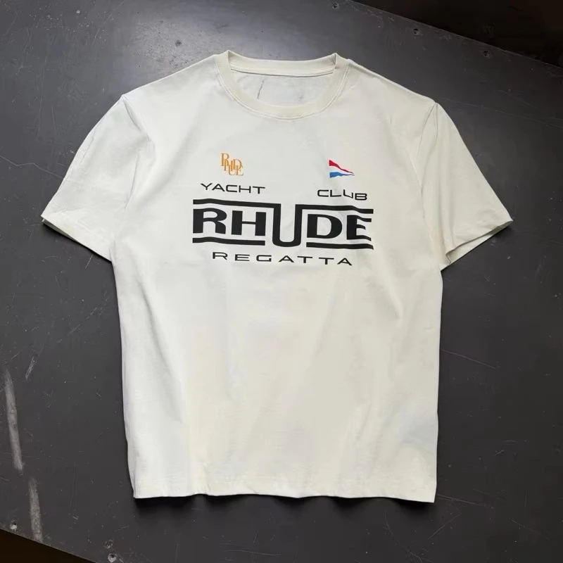 2026 US streetwear RHUDE equipment emblem print T-shirt for men and women. High-quality loose-fitting top. T-shirt