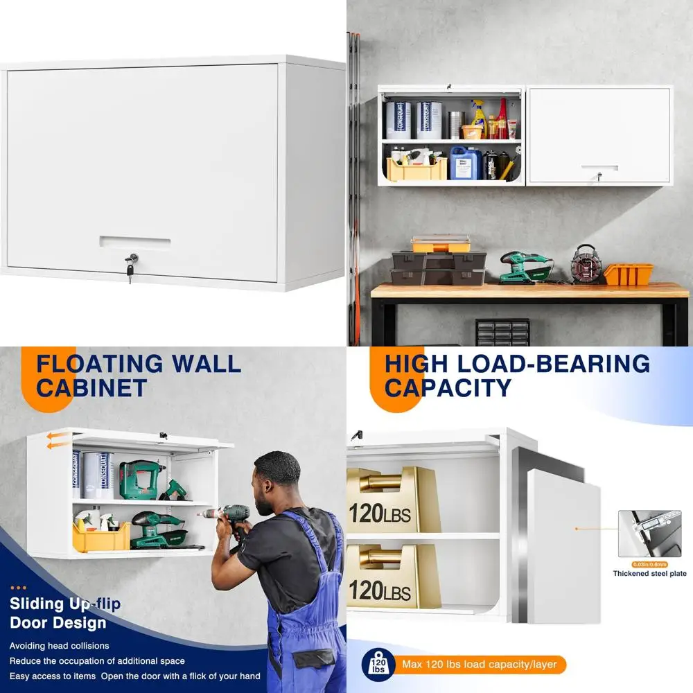 Metal Wall Cabinet with Doors and Shelves - Floating Storage Unit for Garage or Basement, White, 21.6 Inches Tall