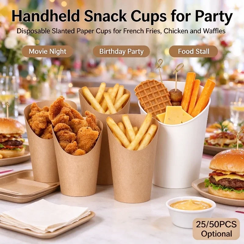 25/50PCS Disposable Slanted Mouth Kraft Paper Cups Thick Paper Snack Holders for Waffle Biscuit French Fries Party Food Serving