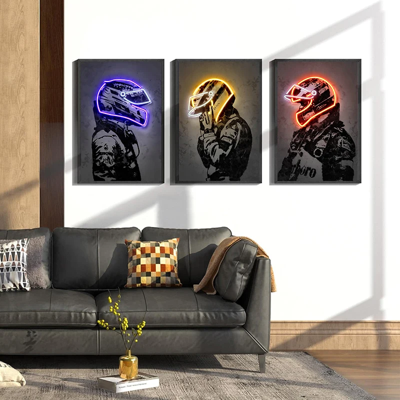 Motorcycle Helmet Posters Prints Abstract Neon Effect Canvas Painting Racing Driver Wall Art Picture for Bar Bedroom Home Decor