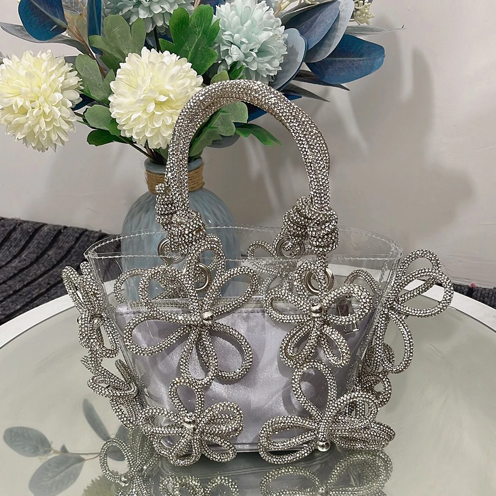 Luxury Diamond Flower Basket Bag PVC Clear Women Handbags Designer Crystal Shoulder Bag Rhinestone Bucket Bags for Women Clutch