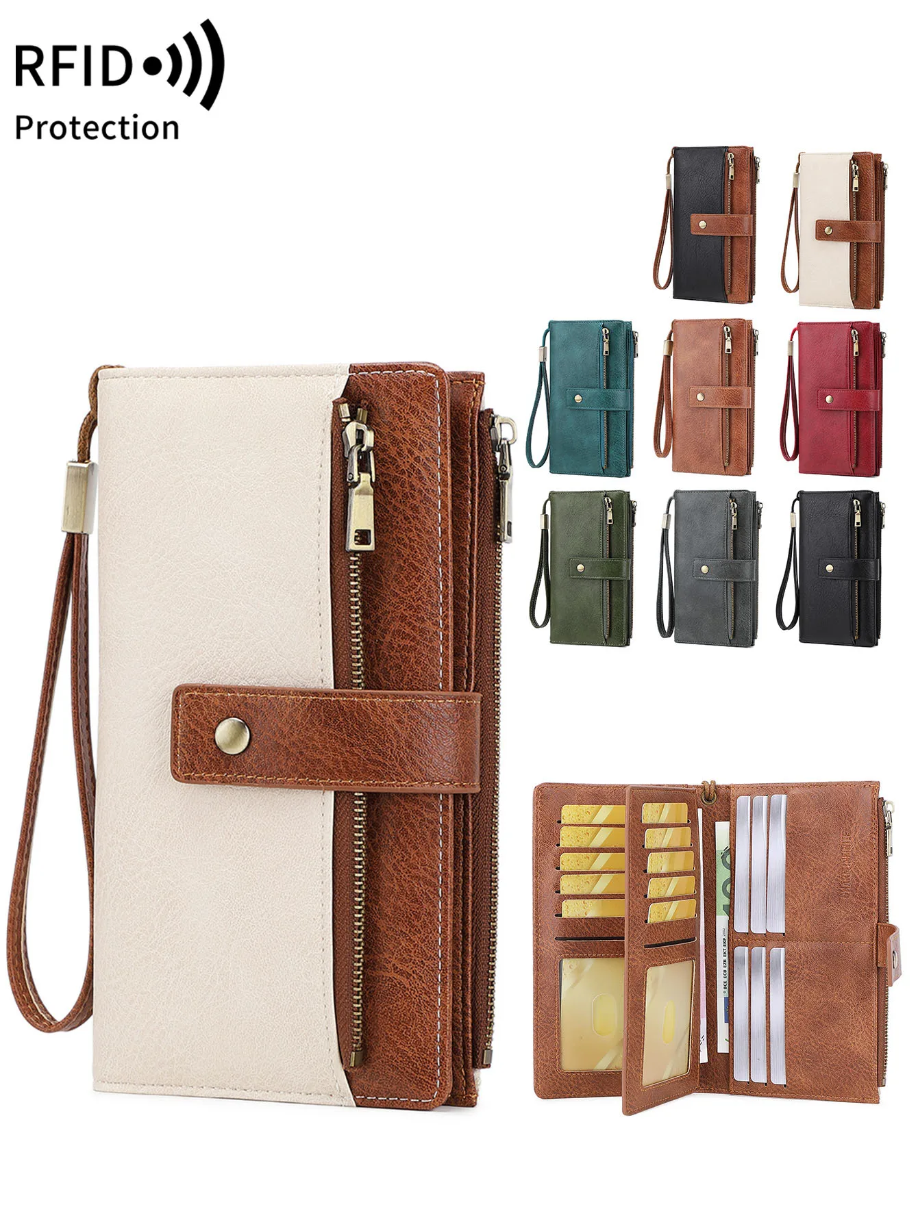 New RFID Women's Vintage Long Wallet Quality PU Leather Three Layer Large Capacity Credit Card Holder Multifunctional Clutch Bag