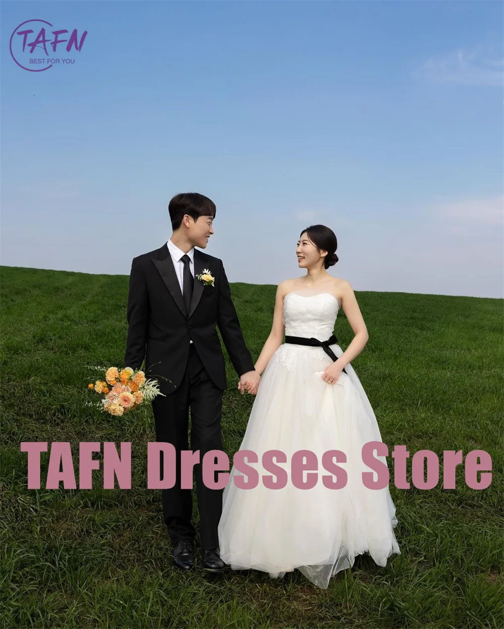 TAFN Korea A-line Wedding Dresses Strapless Sweetheart Colalr Bridal Gown Floor-Length Photo Shoot Dresses Custom Made