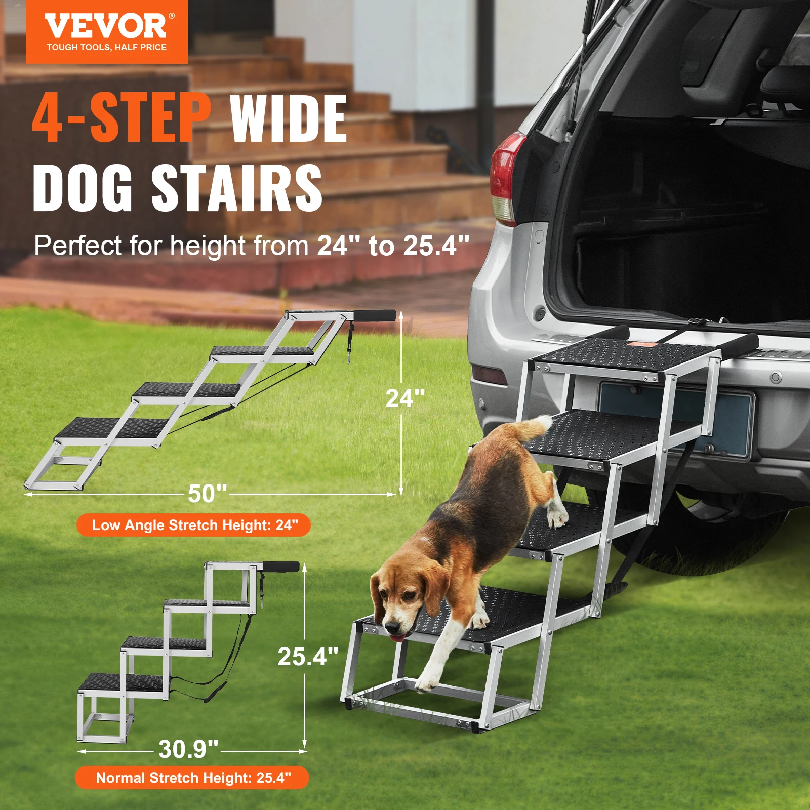 VEVOR Dog Stair for Cars Wide 4-step Dog Car Steps Folding Portable Pet Steps Lightweight Aluminum for Car SUV and Truck 150 lbs