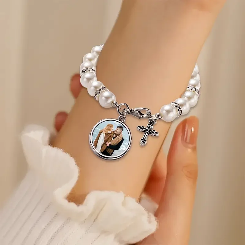 Personalised beaded bracelet, customised photo jewellery and cross pendant bead bracelet, commemorative gift