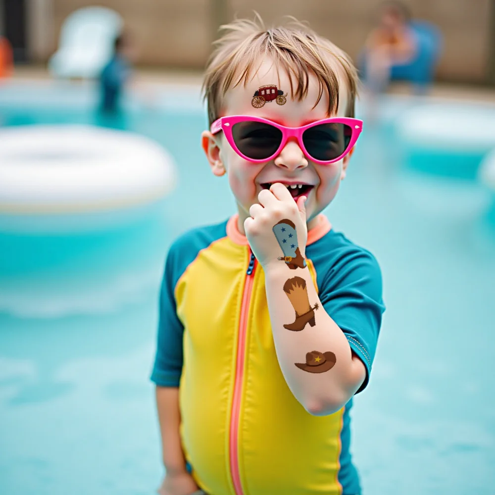 63 قطعة الوشم المؤقت حدوة الحصان المؤقتة لصاقات وشم عربة سترة الكرتون الغربية كاوبوي التمهيد للفتيات الفتيان الأسلحة