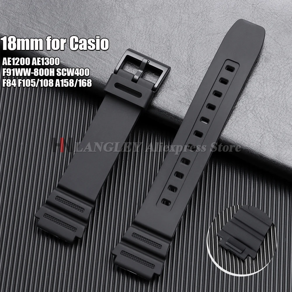 18 mm Harz-Silikon-Uhrenarmband für Casio F-91W, weiches schwarzes Armband für SGW400 W800H F84 F105/108/A158/168 AE1200/1300