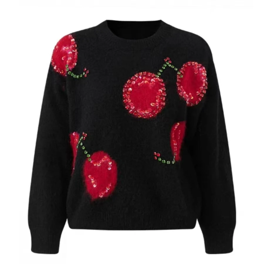 Luxury Cherry Diamonds Beads Women Sweaters New Autumn Winter O-neck Pullover Top All-match Long Sleeve Knitted Jumpers Clothes