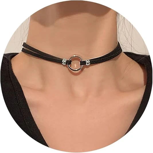 Boho Black Leather Choker Necklaces Adjustable Layered Velvet Leather O-ring Collar Necklace Goth Jewelry Gifts for Women Girls