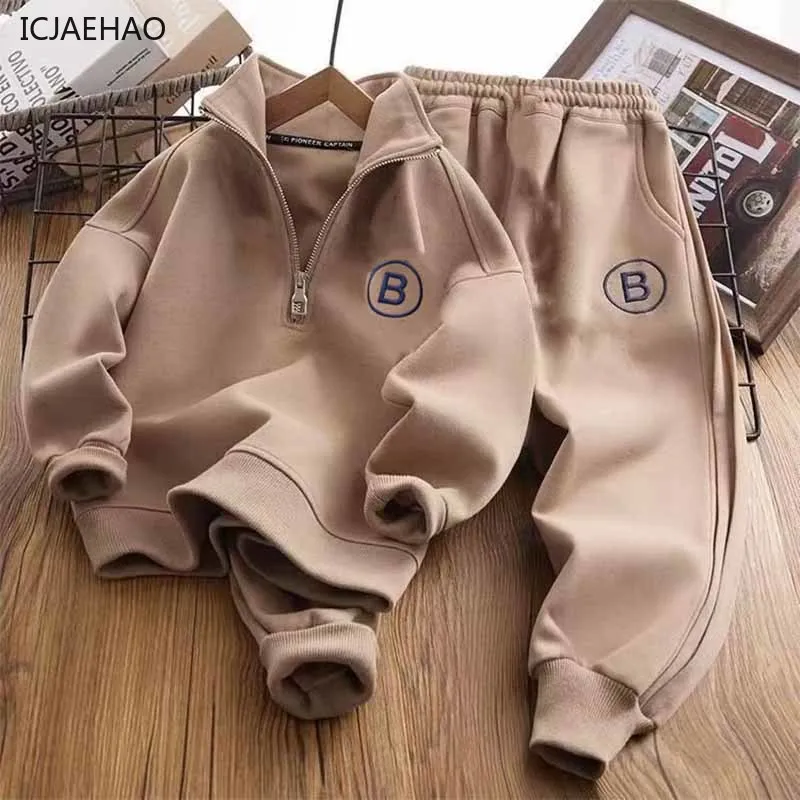 ICJAEHAO New Kids Loose Fashion Casual 2 Piece Children Sweater Sports Sets Boys Warm Stand-Up Collar Letter Suit Spring Autumn