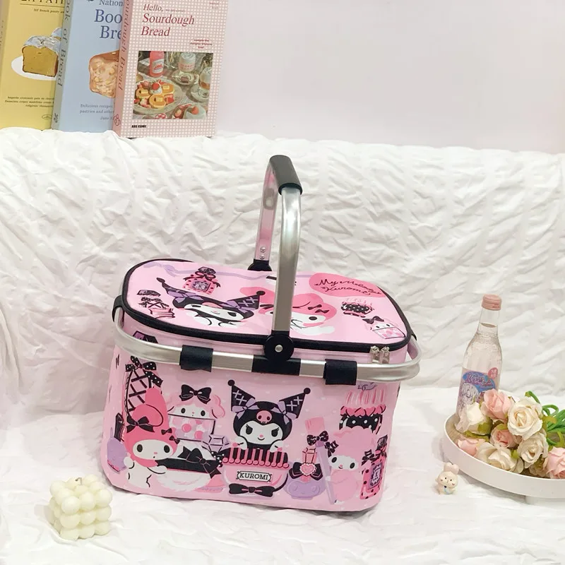 Cute Sanrio Picnic Basket Kuromi Kawaii Anime Spring Outing Foldable Picnic Camping Storage Insulated Basket Toys for Girls Gift