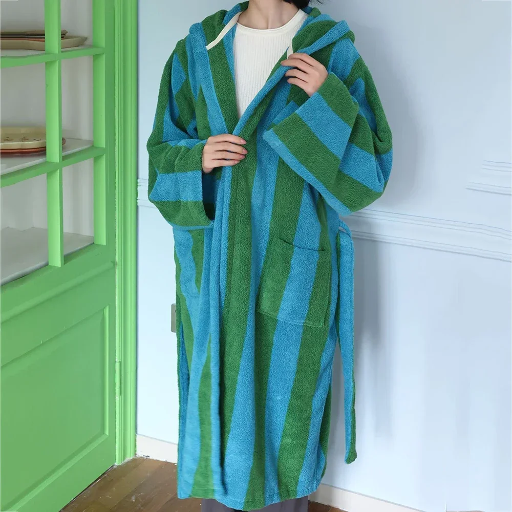 

Terry Towel Long Robe Sleepwear Retro Striped Female Hooded Bathrobe Autumn Combed Cotton Nightwear Loungewear Loose Homewear