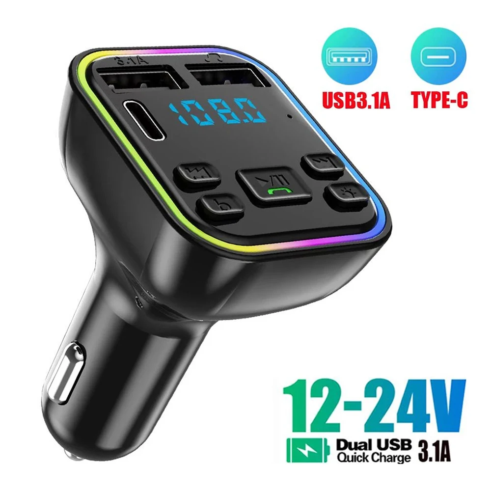 Bluetooth 5.0 FM Transmitter Car Handsfree Cat Kit PD Type-C Dual USB 3.1A Fast Charger Car MP3 Modulator Player Audio Receiver