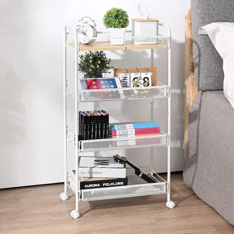 

4-Tier Rolling Cart,Metal Utility Cart with Wooden Tabletop,Easy Assemble Mobile Storage Trolley On Wheels,Craft Storage Cart