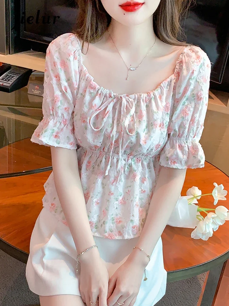 Jielur Summer New French Floral Women Blouse Slim Sweet Elegant Ladies Chic Blouse Woman Pink Loose Fashion Chiffon Top Female