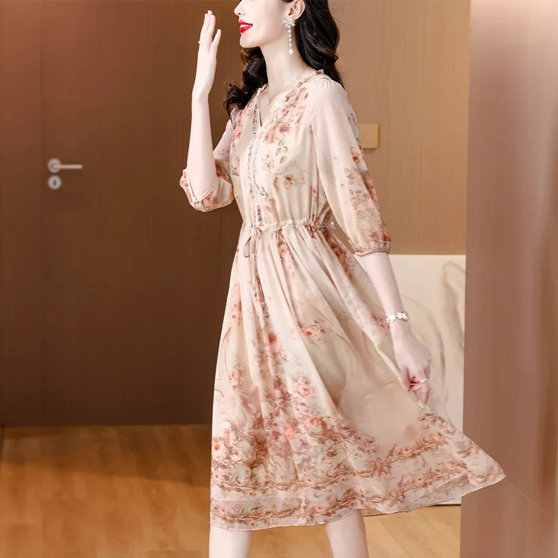 2026 Spring Summer Boho Beach Midi Dresses Luxury Chiffon Floral Casual Office Midi Dress Women's Vintage Elegant Evening Prom view 3