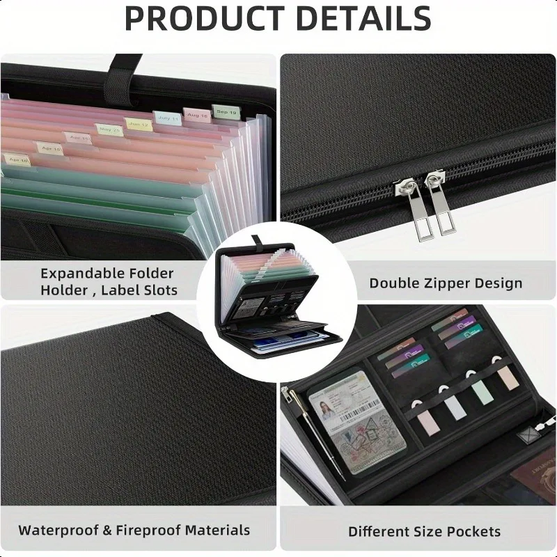 منظم مستندات بسحاب مقاوم للماء، حافظة بسحاب مقاومة للماء مكونة من 26 حجرة مع ملصقات، منظم ملفات تخزين منظم المستندات