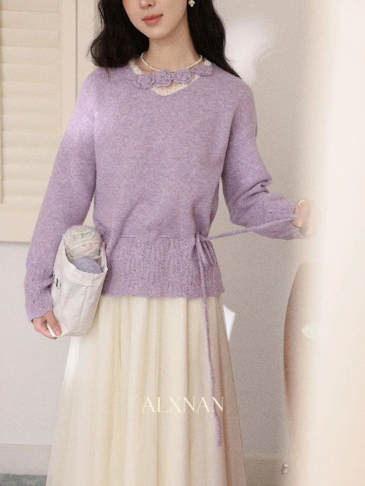 ALXNAN เสื้อกันหนาวผู้หญิงสีม่วงฤดูหนาว 3D ลายดอกไม้ที่ไม่ซ้ำใครคอเสื้อเชือกรูดเอวเสื้อแฟชั่นหรูหราหลวม-ฟิตท็อปส์ L60379