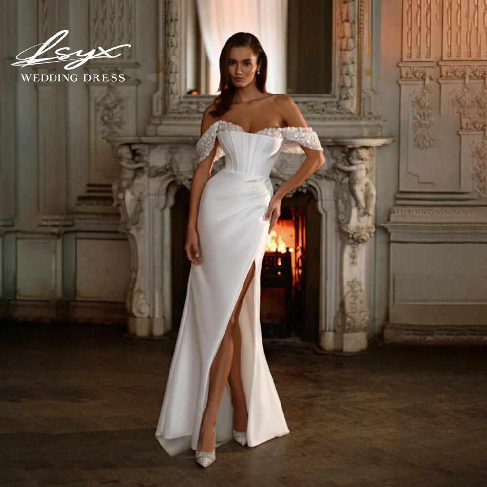 LSYX Trendy Off-Shoulder Beaded Short Puff Sleeve Corset Wedding Dress High Slit Mini Train Lace-Up Back Elegant Bridal Gowns