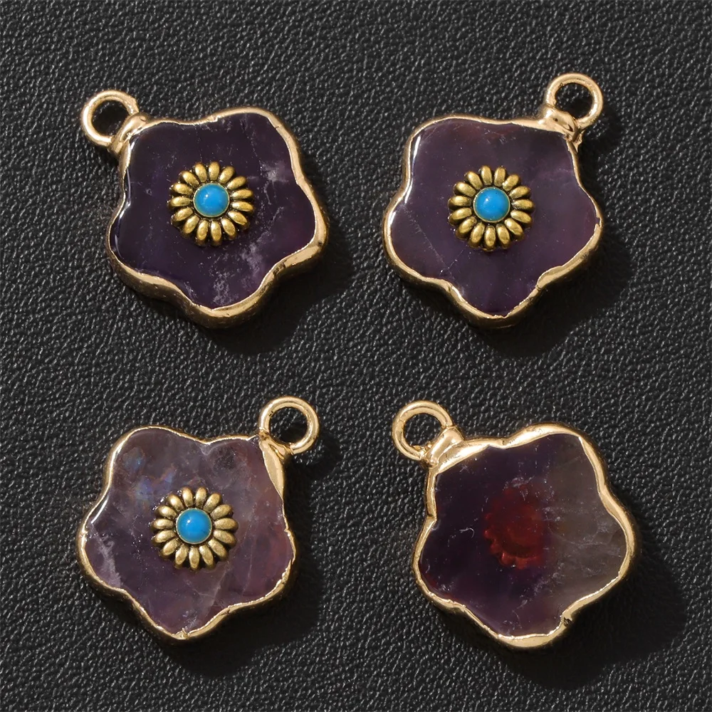 2PCS Retro Flower Natural Stone Rose Quartz & Amazonite Pendants