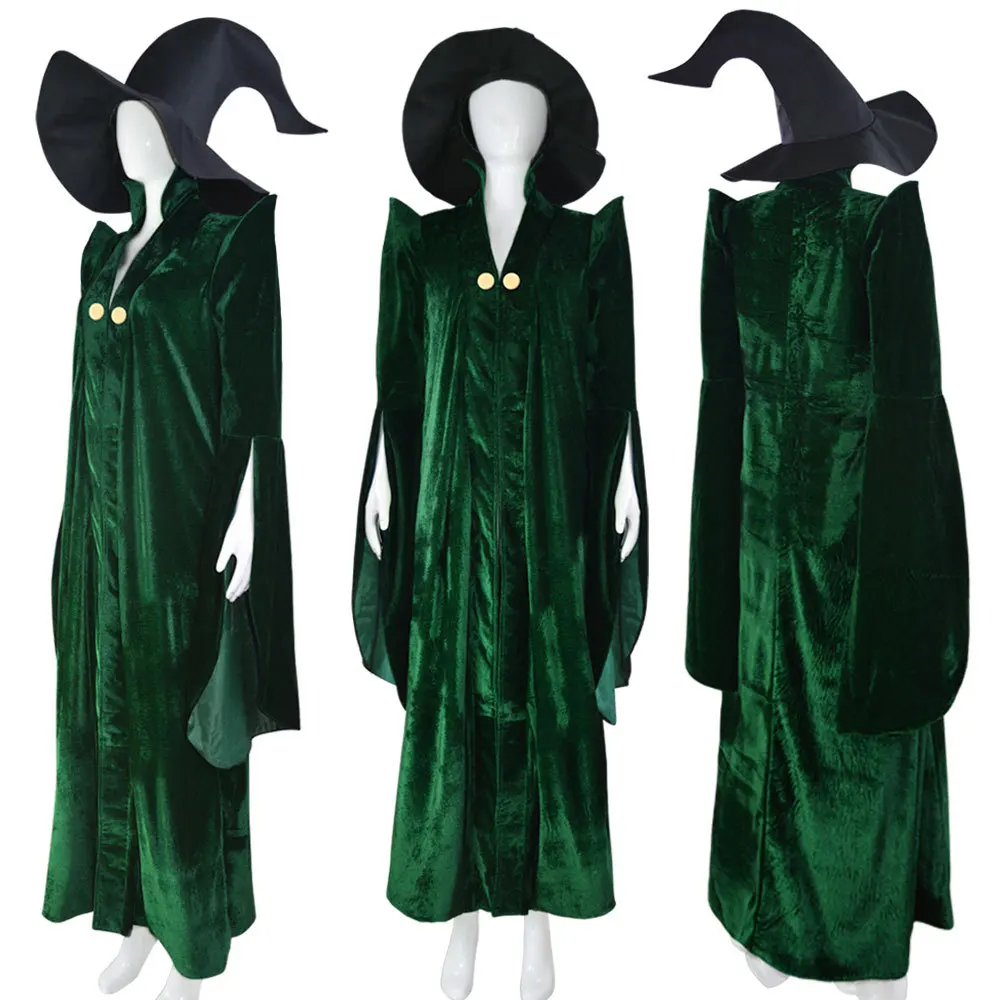 Anime Cosplay Minerva McGonagall Costume Green Velvet Cloak Cape Robe Dress Halloween Carnival Suit Custom Made