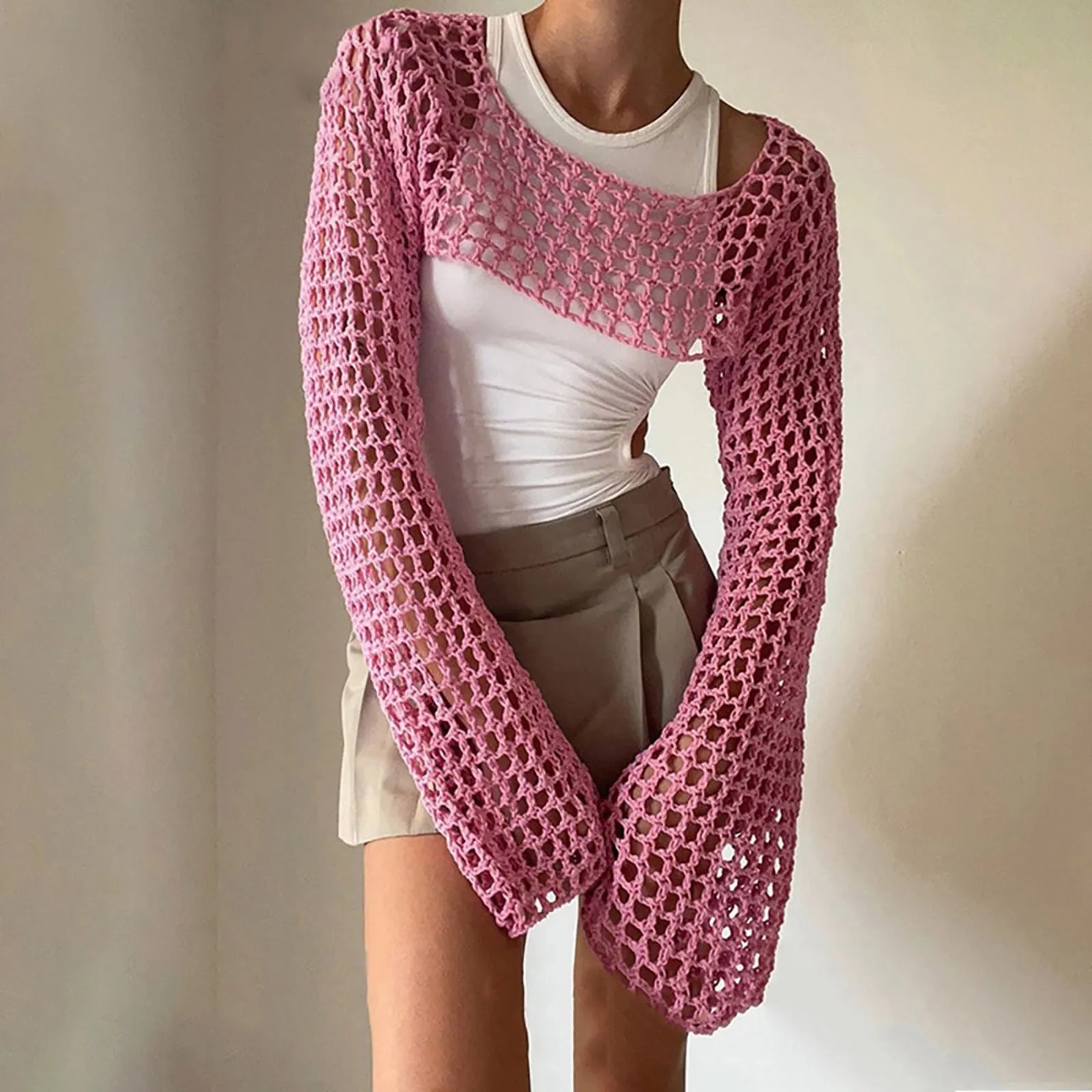 Long Sleeve Crochet Crop Top 2024 Summer Women’s Knitted Crop Top Openwork Knitted Mesh Top Beach Bikini Cover Up y2k Tops