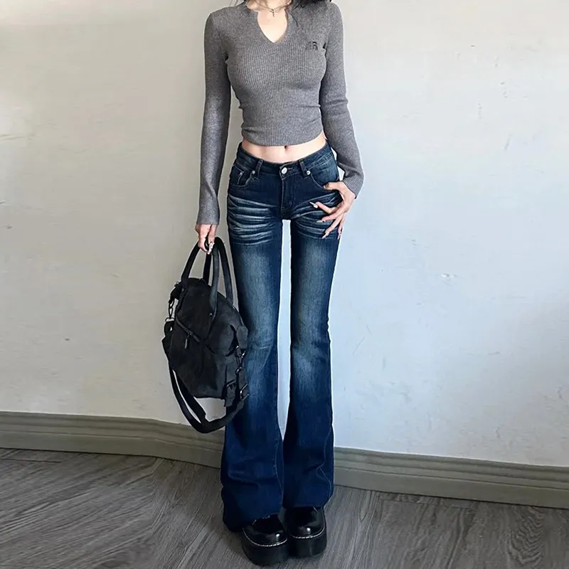 Retro American Low Waist Bell Bottom Jeans Women's Fashionable Wear Resistant Cotton Stretch Denim mid Rise Autumn New Style