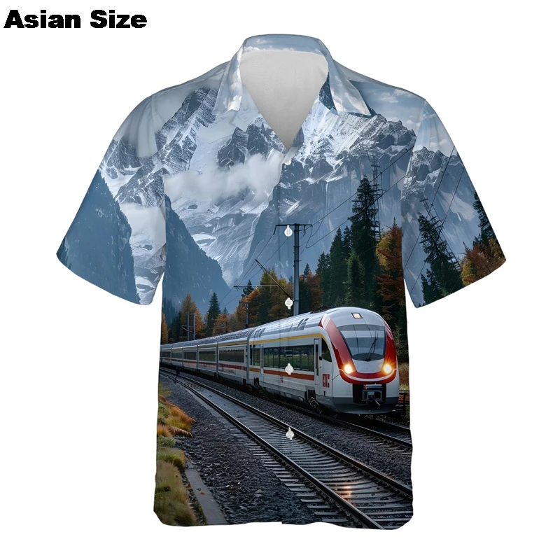 Vintage Train 3D Print Shirts For Men Clothes Hawaii Vacation Vehicle Male Short Sleeve Button Tops Boy Streetwear Lapel Tee