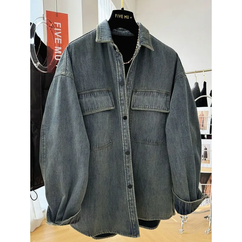 

Высококачественная джинсовая рубашка с длинными рукавами в стиле ретро для женщин, осень-зима 20%, свободный повседневный универсальный топ