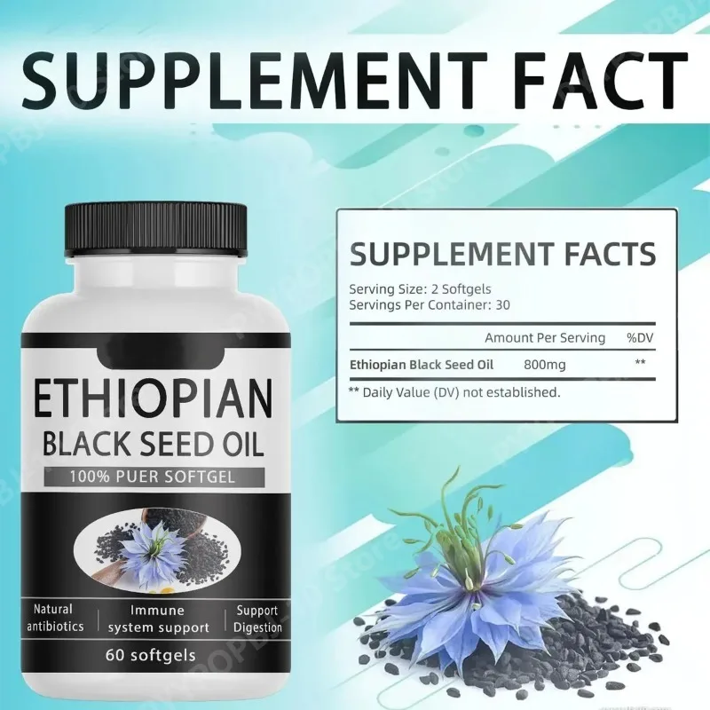 Black Seed Oil 100% Ethiopian Pure Soft Capsules 800mg Gluten Free Non GMO Daily Health Support Dietary Supplement 60 Capsules