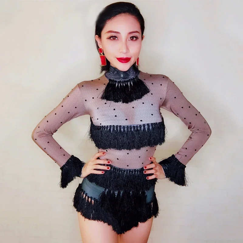 Black Rhinestones Fringed Bodysuit Women Jazz Dance Clothing Nightclub Dj Ds Stage Gogo Dance Costumes Festival Outfit XS6704