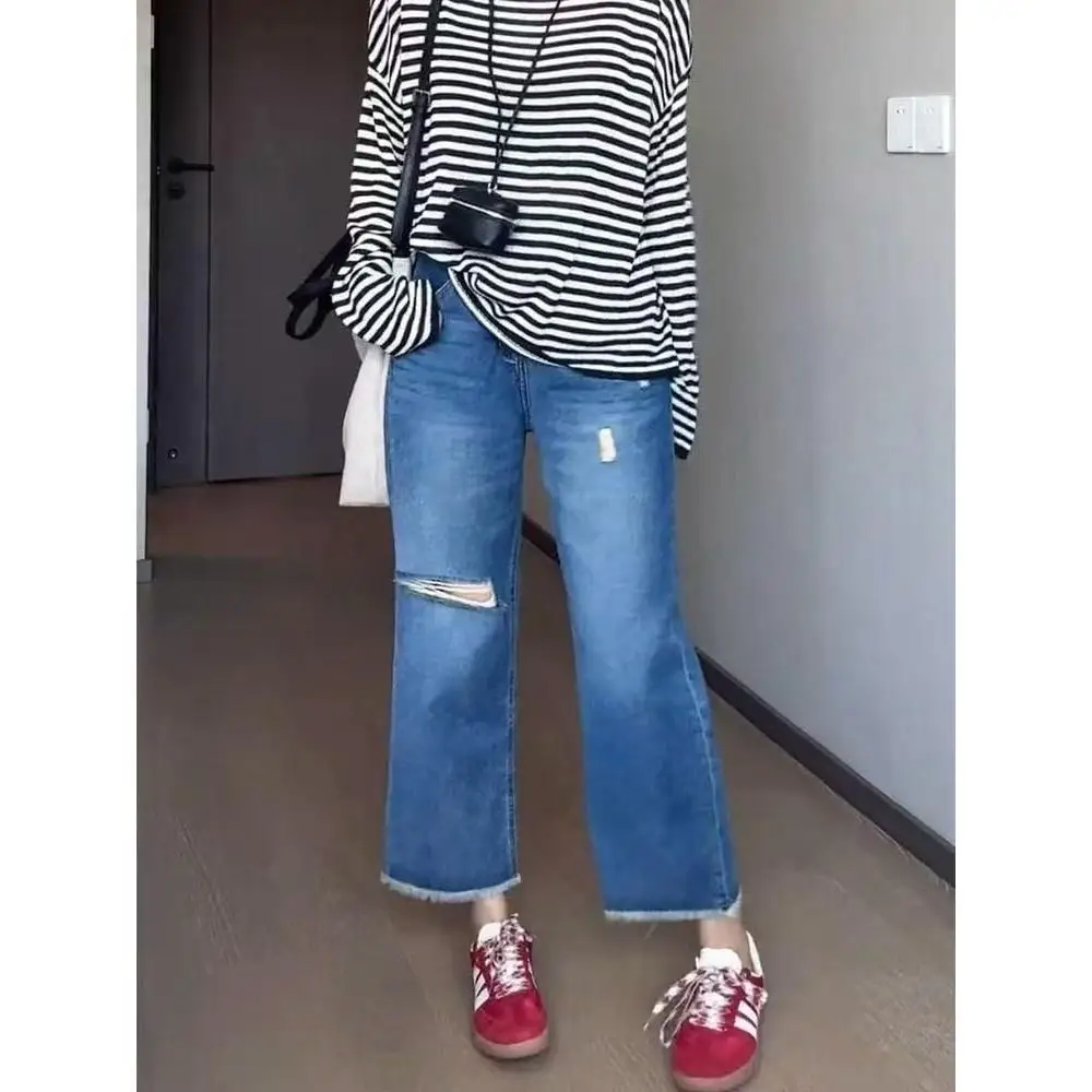 

Blue High Waist Straight Leg Jeans Women's Autumn New plus Size Fat MM Nine Point Slim Small Figure Wide Leg Jeans Casual Cot...