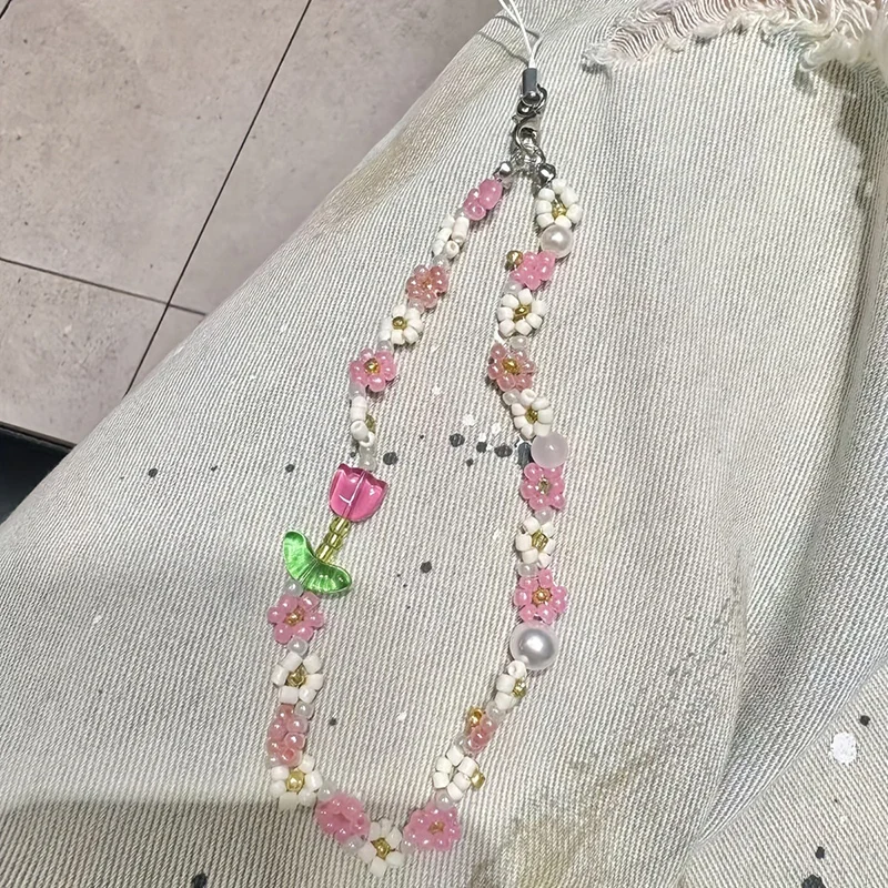 Korean Cute Pink Green Flower Beaded Phone Charms Chain For Phone Accessories Phone Strap Anti-Lost Sweet Lanyard Hanging Rope