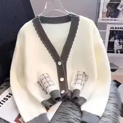 Women Vintage Simple Contrast Color Patchwork Button Knitted Cardigan Autumn Winter Casual V Neck Long Sleeve Loose Sweater Coat