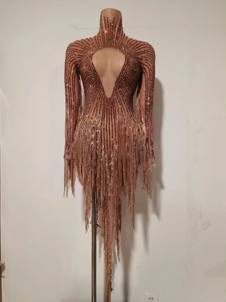 

Shining Rhinestones Women Long Sleeve Sexy Mesh See Through Bodycon Midi Dress Fringes Nigthclub Party Bar Singer Stage Wear