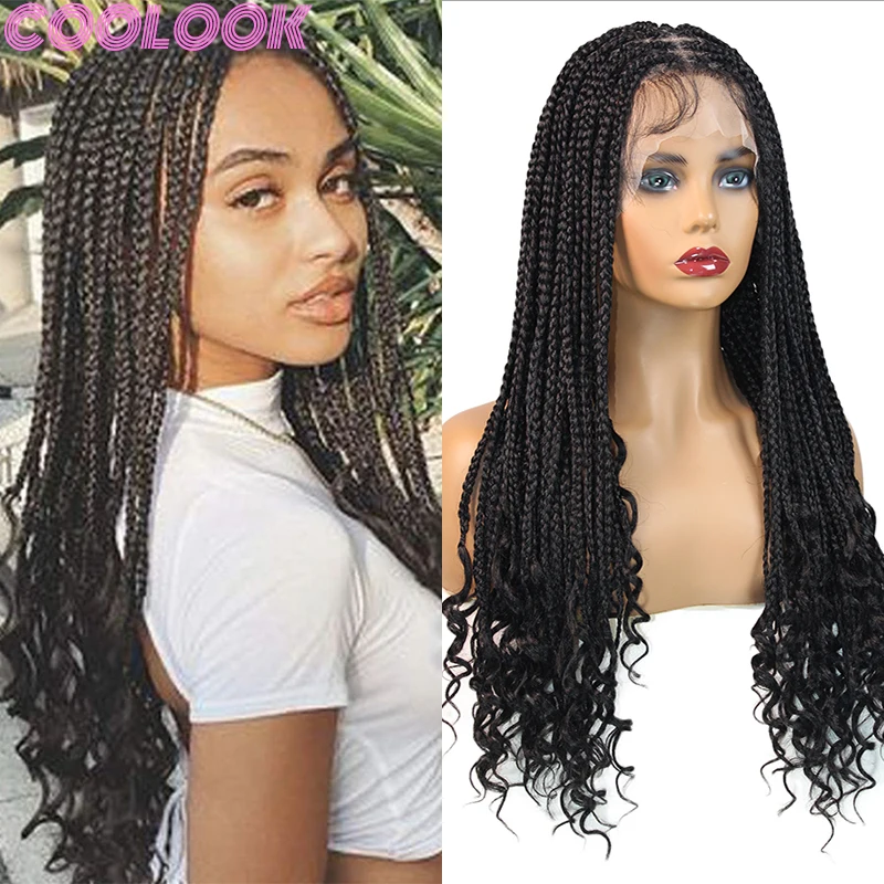 Synthetic Heat Resistant Box Braided Wig 24inch Goddess Full Lace Braids Wig with Wavy Ends Knotless Box Braid Lace Frontal Wigs