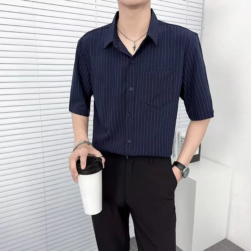 

Iron-Free Summer Ice Silk Men's Short Sleeve Striped Shirt Casual Drapey Business Casual Black Shirt Trendy Rock Style Half B...