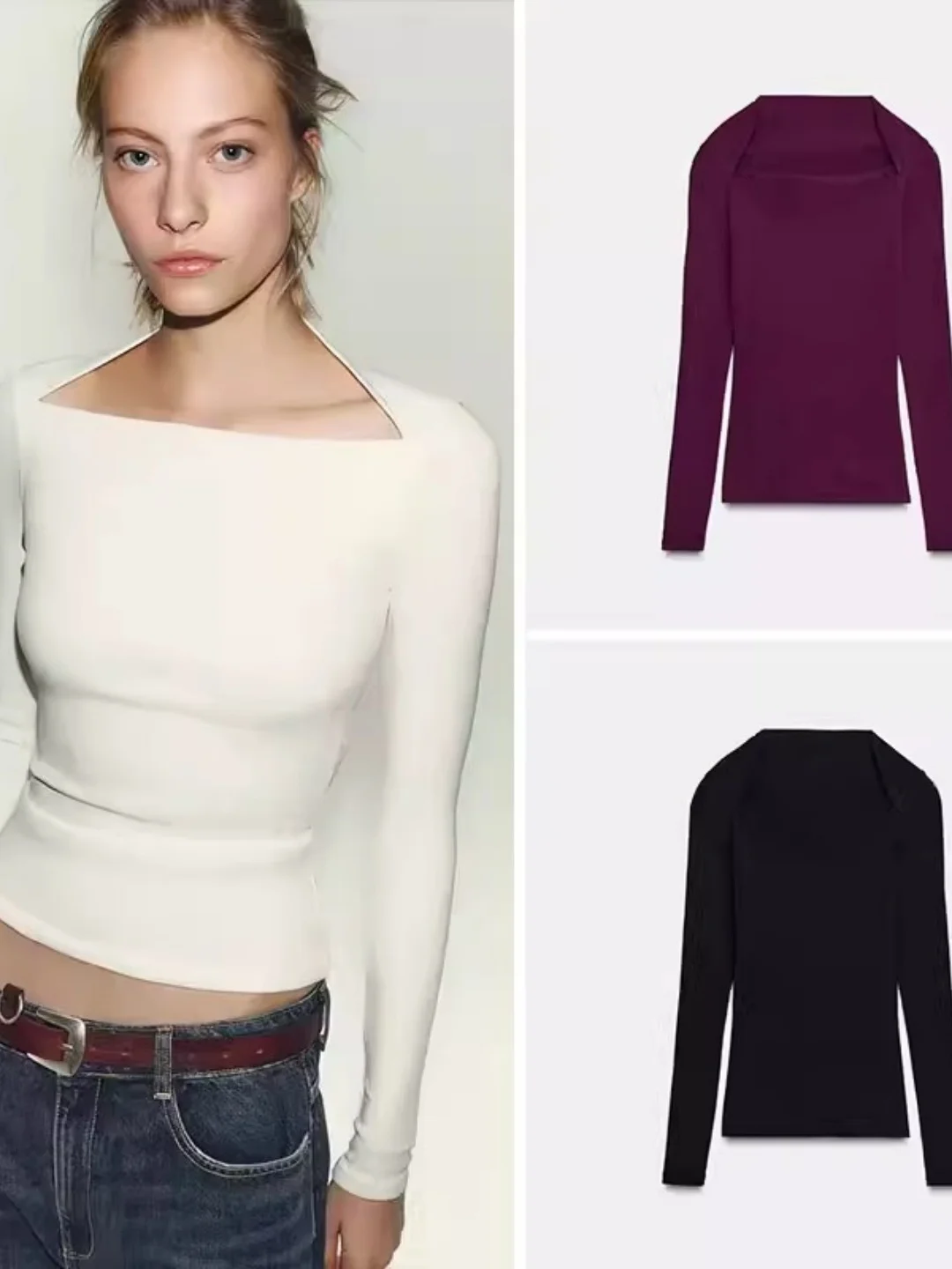 Women's Slim Fit Long Sleeve T-Shirt 2026 Summer New Style Multicolor Ribbed Square Collar Casual Cotton Thin Short Length