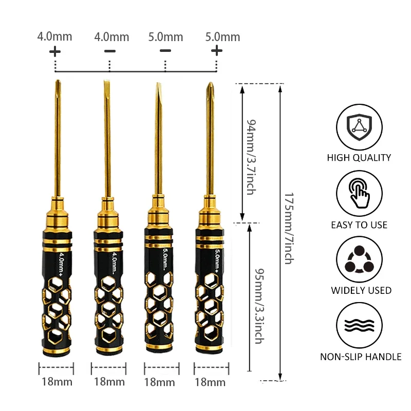 4pcs Cross Screwdriver 4.0/5.0mm Non-slip Aluminum Alloy Handle Precision Screwdriver Wrench Tool Kit for RC Helicopter