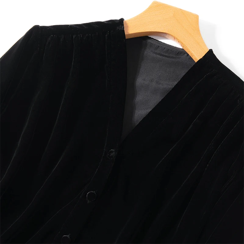 100% Mulberry Silk Lining Women Velvet Silk Shirt Black V Neck Long Sleeve Buttons Down Top Blouse Office Lady M L XL M1234