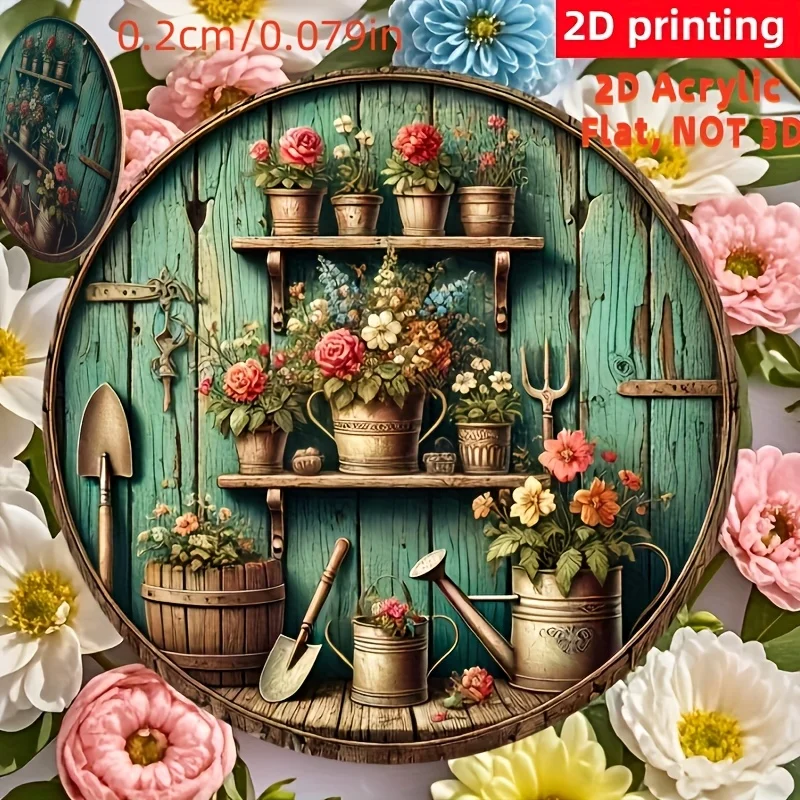 Ein flaches 2D-Stück runde Holzwandkunst im Retro-Stil mit europäischem Gartenthema – im Landhausstil, geeignet für die Dekoration Ihres Hausgartens