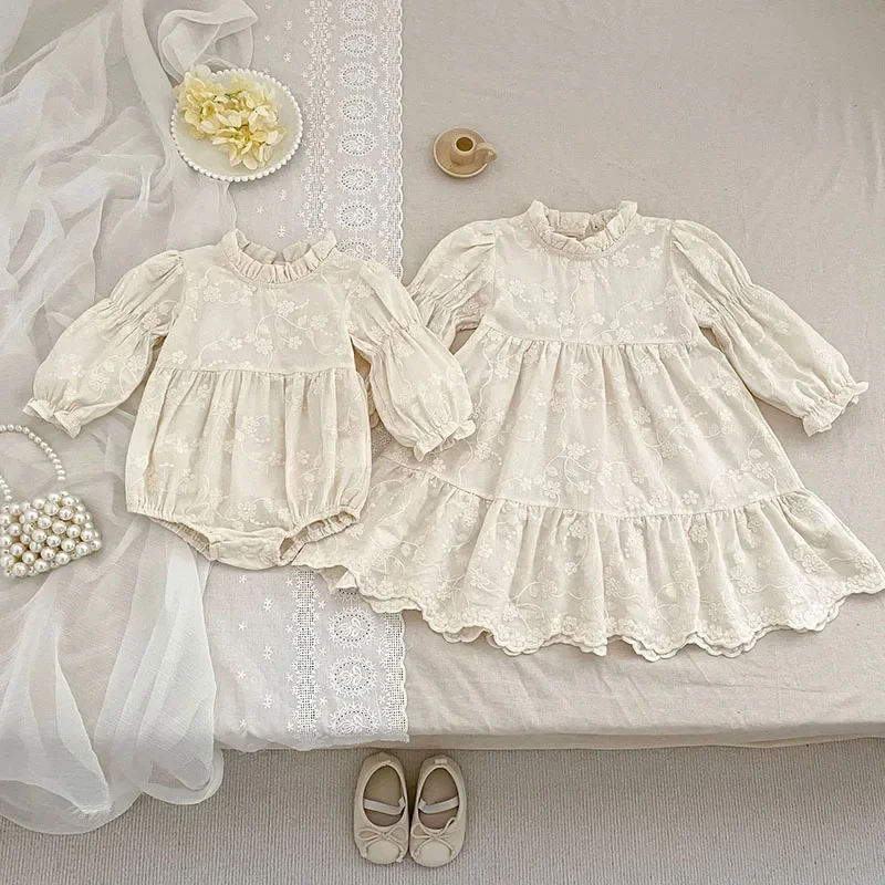 

2025 New Autumn Sister Dress Kids Princess Dresses Long Sleeved Cotton Embroidery 2-6Yrs Girl Party Dress Baby Girl Romper